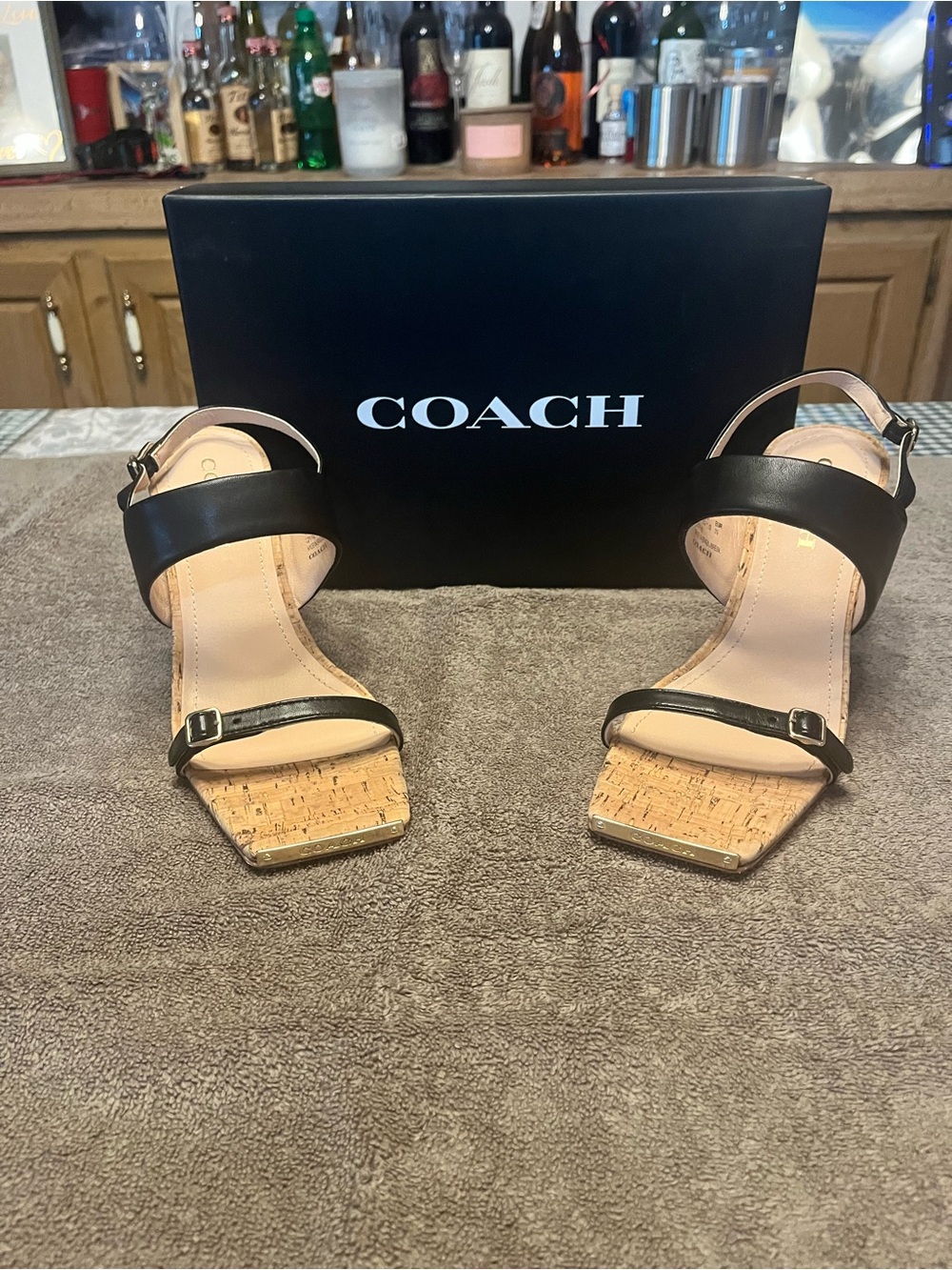 Coach Black Leather Cork Block Heel Sandals